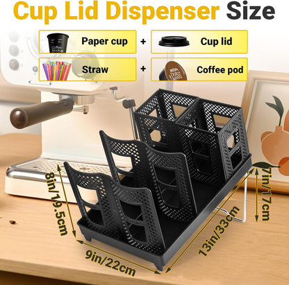 Cup and Lid Holder, Disposable Paper Cup Dispenser with Coffee Pod Straw Storage Basket, 6-Compartment Countertop Coffee Cup Holder for Coffee Stations, Break Rooms, Living Rooms (Black)