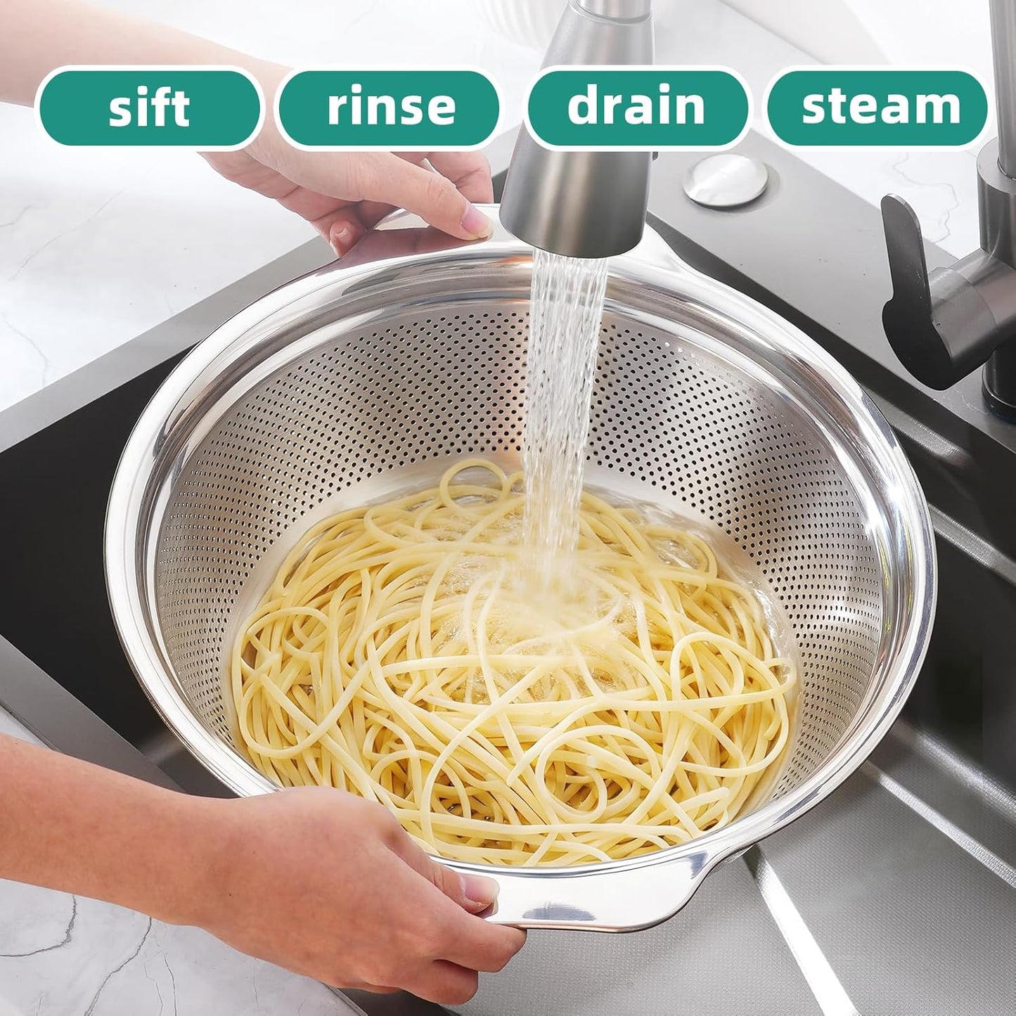 Stainless Steel Colander for Kitchen 2-Quart, Strainer Microporous with Mixing Bowl, Rice Strainer for Washing Vegetables, Fruit and Draining Cooked Pasta, Dishwasher Safe