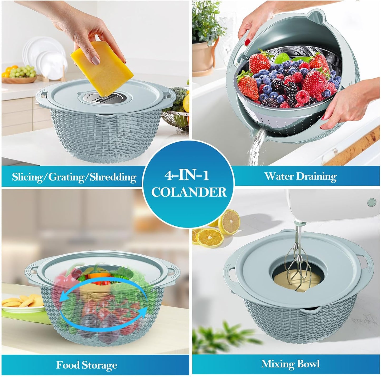 4-1 Colander with Bowl Set, Food Strainers and Colanders, Fruit Washing Bowl with Strainer, Rotatable Colander for Kitchen, Aesthetic Kitchen Gadget, Christmas & New Year Gifts - Beige