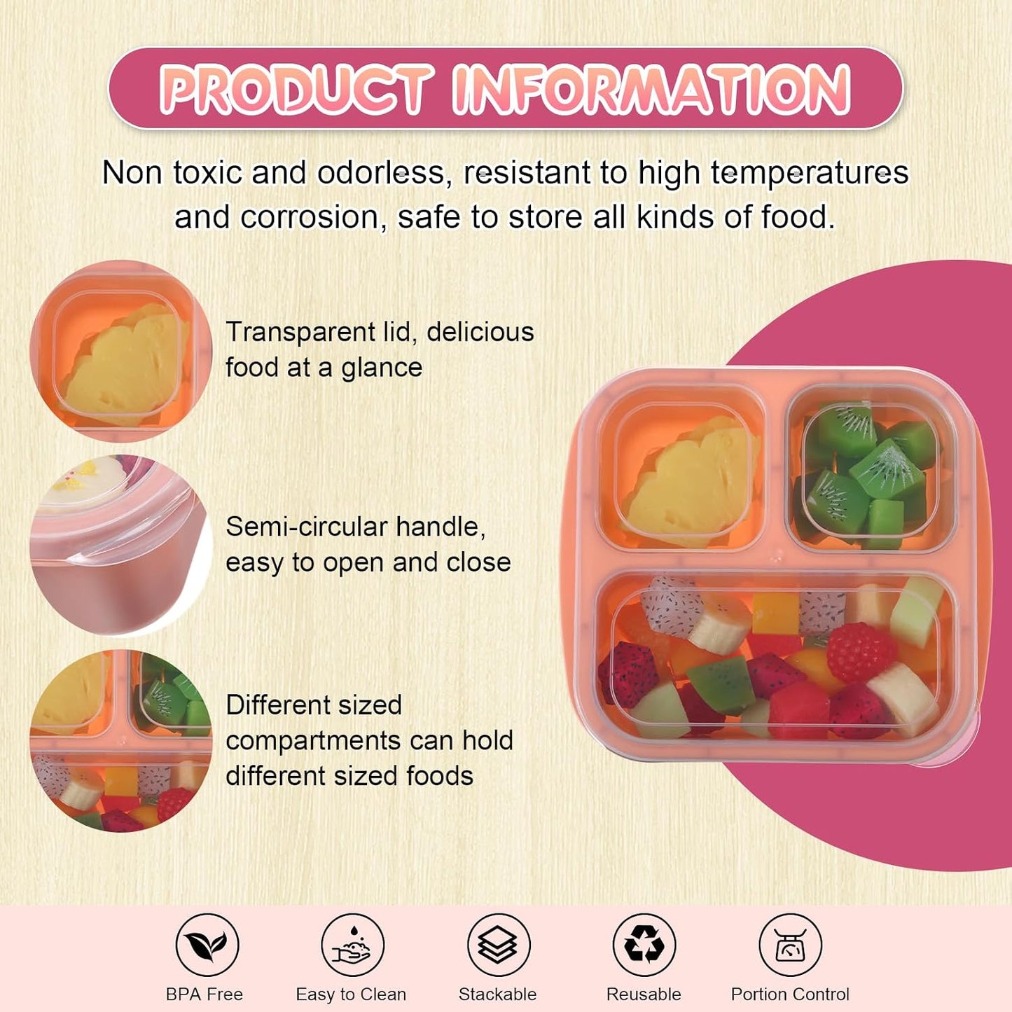 Honeydak 5 Pack Snack Containers 3 Compartment Bento Snack Boxes Divided Meal Prep Containers with Lids Reusable Adults Lunch Food Storage Box for School Work Travel(Elderberry)