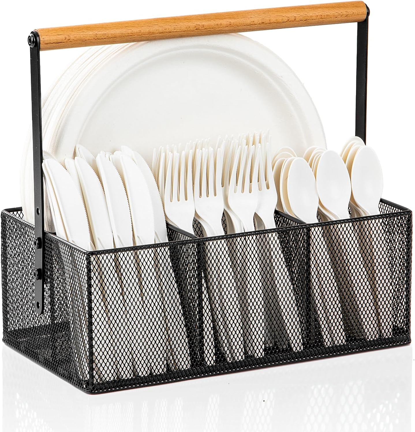Paper Plate Organizer with Handle, Silverware Caddy Countertop, Paper Plate and Utensil Holder, Cutlery Caddy with 4 Compartments for Party, Camping, Picnic (Black)