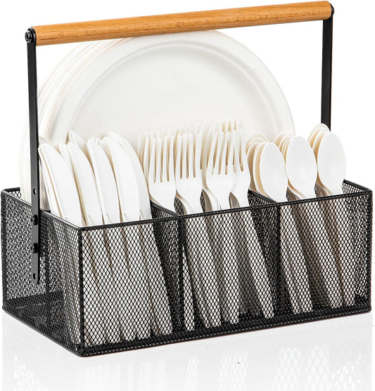 Paper Plate Organizer with Handle, Silverware Caddy Countertop, Paper Plate and Utensil Holder, Cutlery Caddy with 4 Compartments for Party, Camping, Picnic (Black)