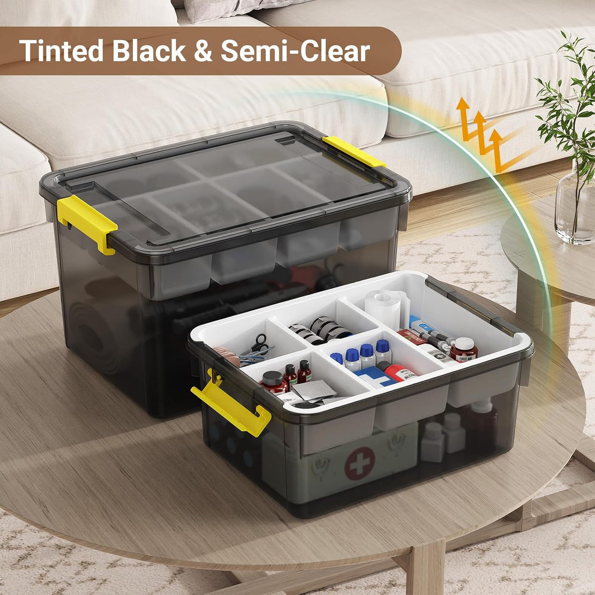 40Qt Stackable Storage Bins with Lids & Trays, Clear Plastic Latching Boxes Organizers with Dividers Portable 10Gal Containers for Arts & Crafts, Home and Car Trunk Organization, 2Pack