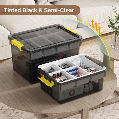 40Qt Stackable Storage Bins with Lids & Trays, Clear Plastic Latching Boxes Organizers with Dividers Portable 10Gal Containers for Arts & Crafts, Home and Car Trunk Organization, 2Pack