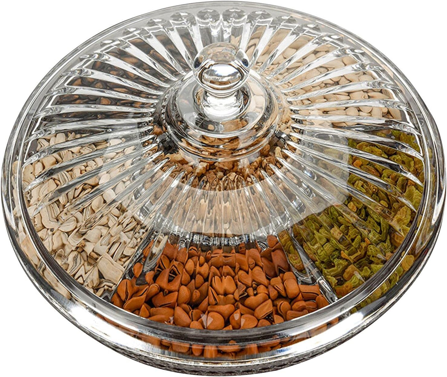 FEOOWV Creative Acrylic Multifunctional Party Snack Tray with Lid,Serving Dishes for Dried Fruits Nuts Candies Fruits,6-Compartment (Round)