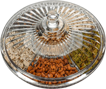 FEOOWV Creative Acrylic Multifunctional Party Snack Tray with Lid,Serving Dishes for Dried Fruits Nuts Candies Fruits,6-Compartment (Round)