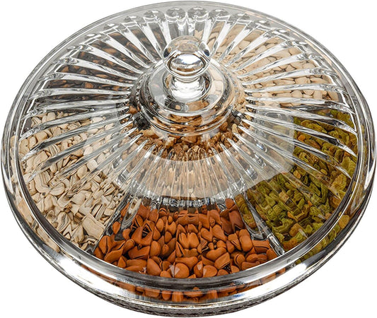 FEOOWV Creative Acrylic Multifunctional Party Snack Tray with Lid,Serving Dishes for Dried Fruits Nuts Candies Fruits,6-Compartment (Round)