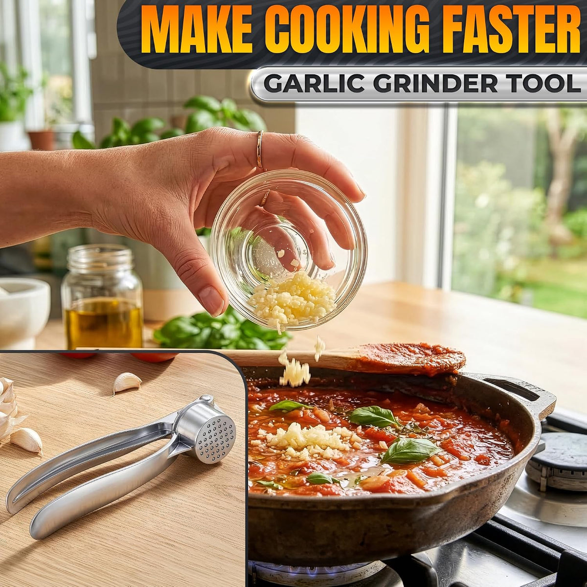 Metal Garlic Press with Comfortable Ergonomic Handle, Silver