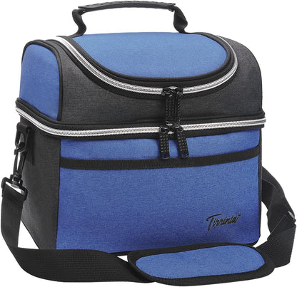 Tirrinia Reusable Lunch Box for Men Women, Insulated Lunch Bag Adult Work, Double Decker Leakproof Lunchbox for Office Picnic Beach—Dual Compartment Lunch Cooler Bag