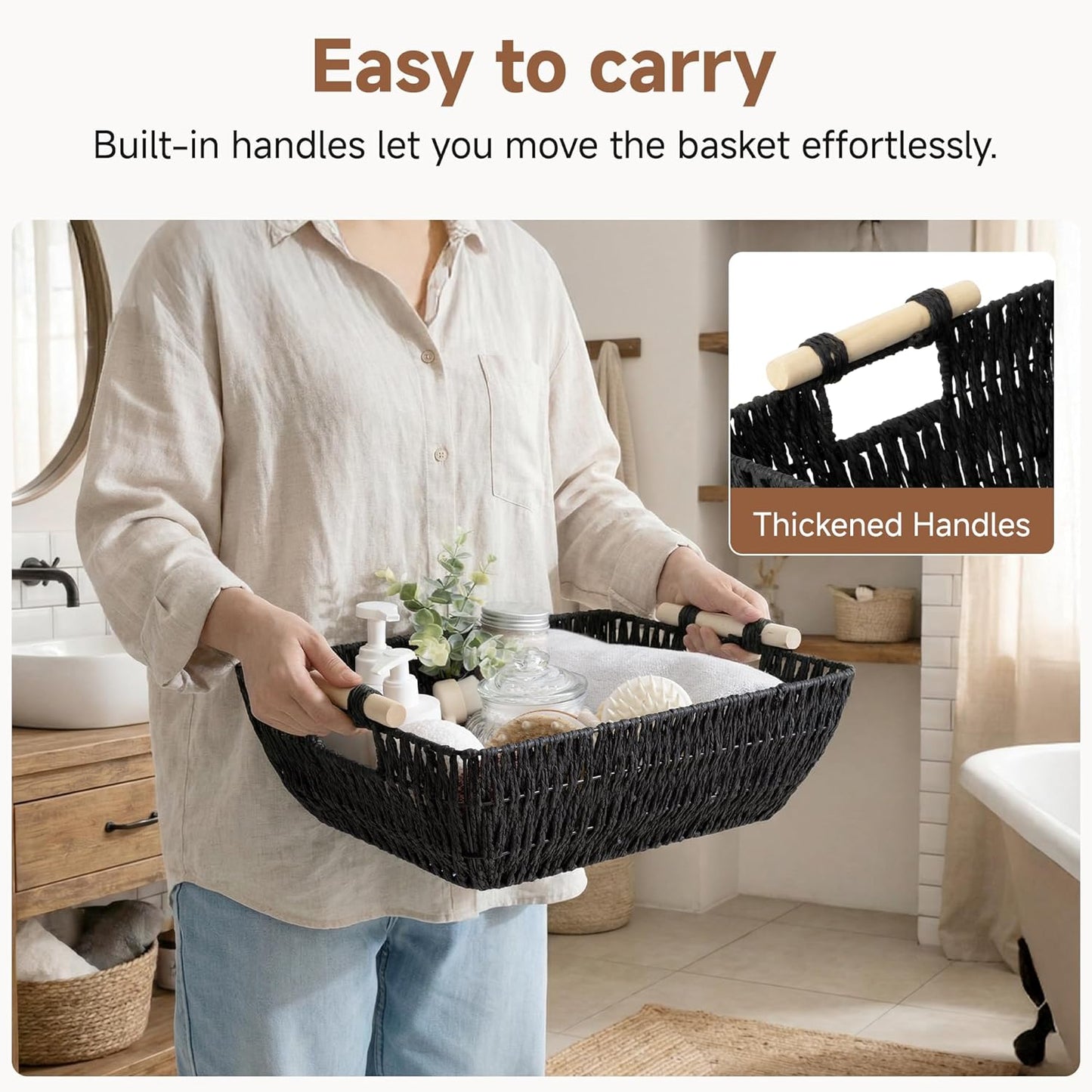 StorageWorks Hand-Woven Storage Baskets with Wooden Handles, Water Hyacinth Wicker Baskets for Organizing, 2 Pack