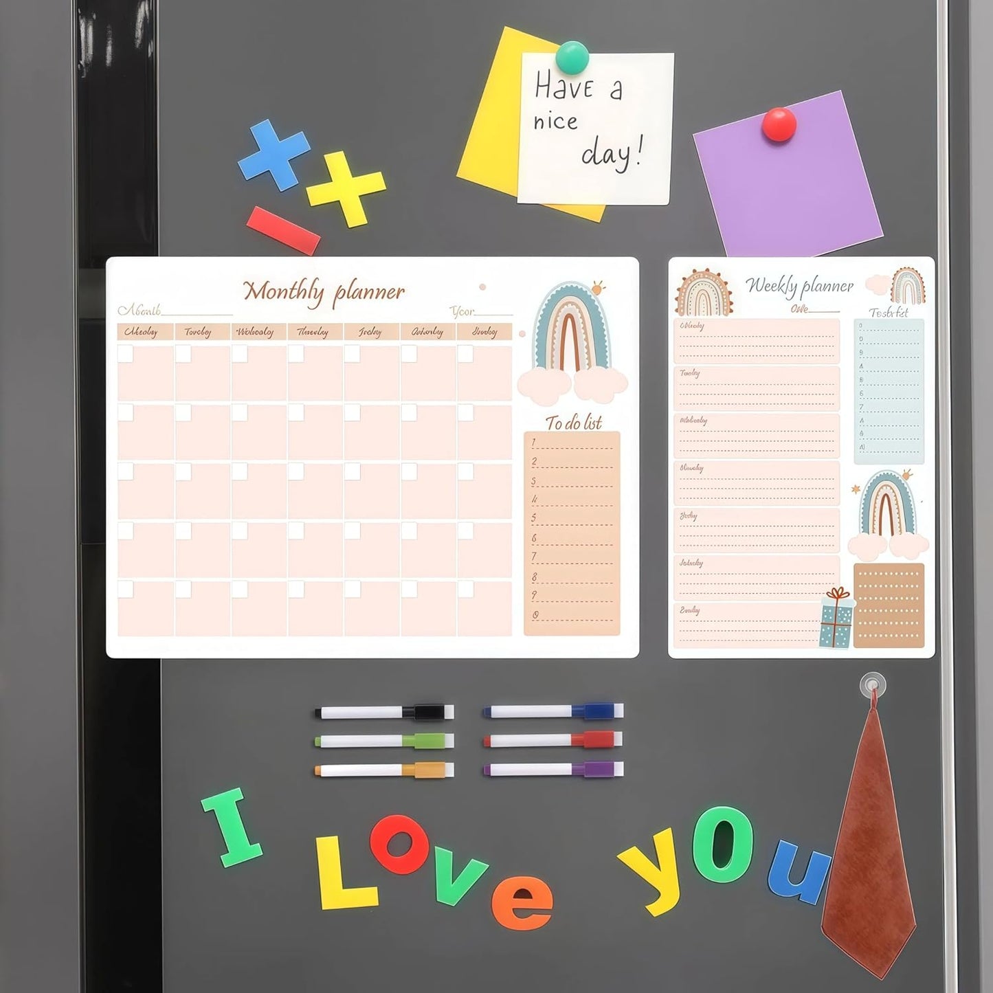 Magnetic Calendar for Refrigerator, 16’’×12’’ Monthly Planner & 8’’×12’’ Weekly Planner, Reusable Dry Erase Whiteboard Calendar Family Study Planing with 6 Markers, Towel & Eraser