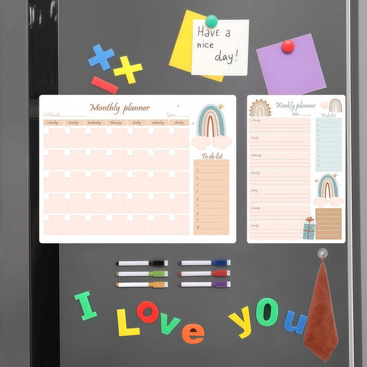 Magnetic Calendar for Refrigerator, 16’’×12’’ Monthly Planner & 8’’×12’’ Weekly Planner, Reusable Dry Erase Whiteboard Calendar Family Study Planing with 6 Markers, Towel & Eraser