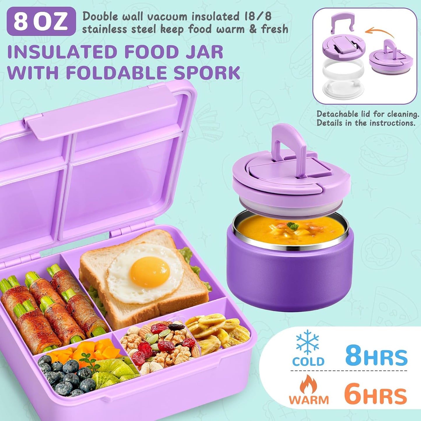 MAXSO Bento Lunch Box Set with 8 oz Soup Thermo, Kids Leakproof 4 Compartments Hot Food Container with Sauce Cup, Ice Pack and Lunch Bag, Child Insulated Food Jar for School - Black