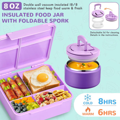 MAXSO Bento Lunch Box Set with 8 oz Soup Thermo, Kids Leakproof 4 Compartments Hot Food Container with Sauce Cup, Ice Pack and Lunch Bag, Child Insulated Food Jar for School - Black