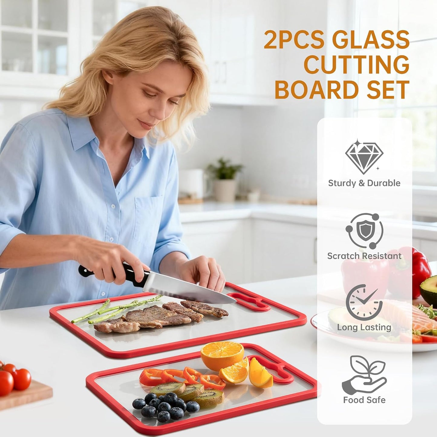 2Pcs White Glass Cutting Board for Kitchen, Tempered Glass Chopping Board with Non-Slip Edges, Dishwasher Safe Clear Cutting Board Set, Heat & Shatter Resistant,15"×11" & 13"×9"