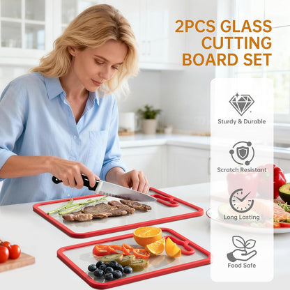 2Pcs White Glass Cutting Board for Kitchen, Tempered Glass Chopping Board with Non-Slip Edges, Dishwasher Safe Clear Cutting Board Set, Heat & Shatter Resistant,15"×11" & 13"×9"
