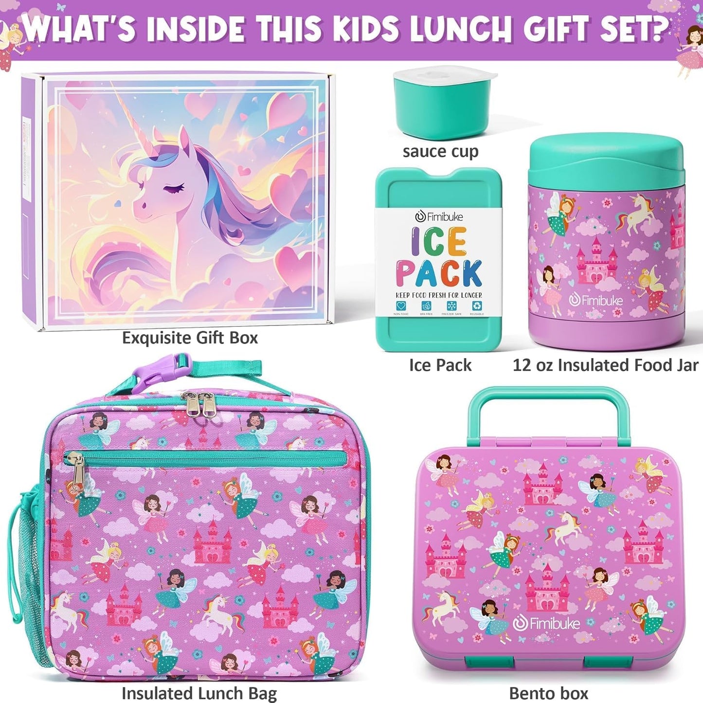 Fimibuke Bento Lunch Box for Kids with Food Jar, 3-Compartment 32OZ Snack Lunch Container, Lunch Bag, 12OZ Insulated Food Jar & Ice Pack Set for Age 3-12 School Daycare Toddler Teen Girls Boy, Fairies