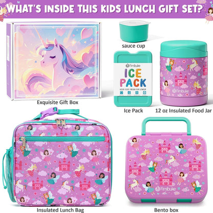 Fimibuke Bento Lunch Box for Kids with Food Jar, 3-Compartment 32OZ Snack Lunch Container, Lunch Bag, 12OZ Insulated Food Jar & Ice Pack Set for Age 3-12 School Daycare Toddler Teen Girls Boy, Fairies
