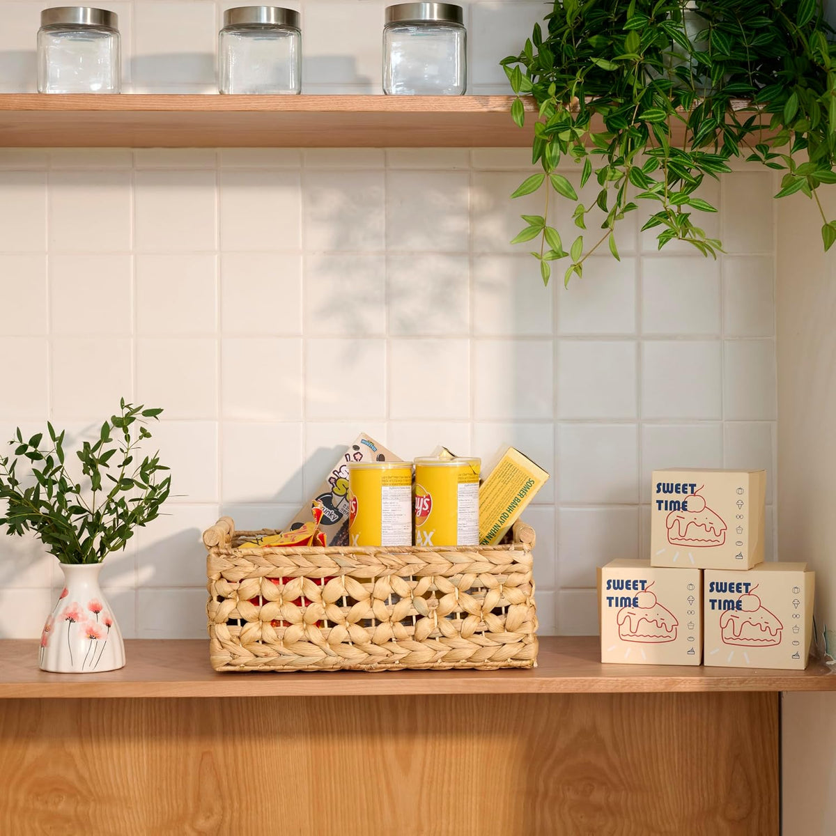 NAYA 11.6" Water Hyacinth Medium Wicker Shelf Basket – Storage Bin | Handwoven water hyacinth shelf basket with sturdy handles for pantry, towels and everyday home organization.