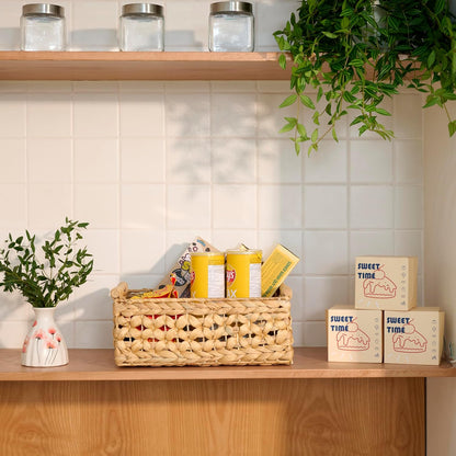 NAYA 11.6" Water Hyacinth Medium Wicker Shelf Basket – Storage Bin | Handwoven water hyacinth shelf basket with sturdy handles for pantry, towels and everyday home organization.
