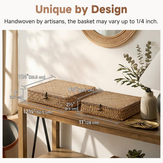 StorageWorks Wicker Basket with Lid, Flat Wicker Storage Bins with Lids, Decorative Storage Boxes with Lids, Water Hyacinth Baskets for Organizing, Woven Basket for Shelves