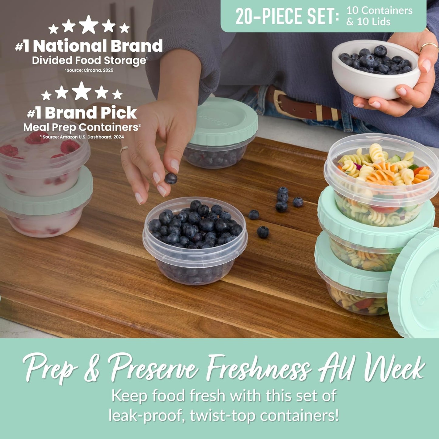 Bentgo Prep - 20 Piece 32 fl oz Leak-Proof Deli Containers with Lids, Food Storage for Meal Prep, Twist-Top, Reusable, PFAS & BPA-Free, Stackable, Microwave, Freezer & Dishwasher Safe (Aqua Splash)