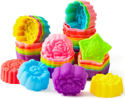 R HORSE 42Pcs Silicone Molds Cupcake 2 Inch Mini Size Reusable Muffins Liners Washable Non-Stick Donut Wrapper Mold Flower Shapes Baking Cups for Pan Oven Microwave Dishwasher