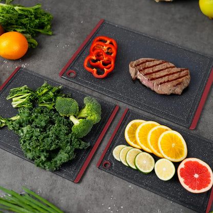 Kikcoin Plastic Cutting Boards for Kitchen, 3-Piece Large Cutting Board Set Dishwasher Safe Chopping Boards with Non-slip Feet and Juice Grooves, Gray
