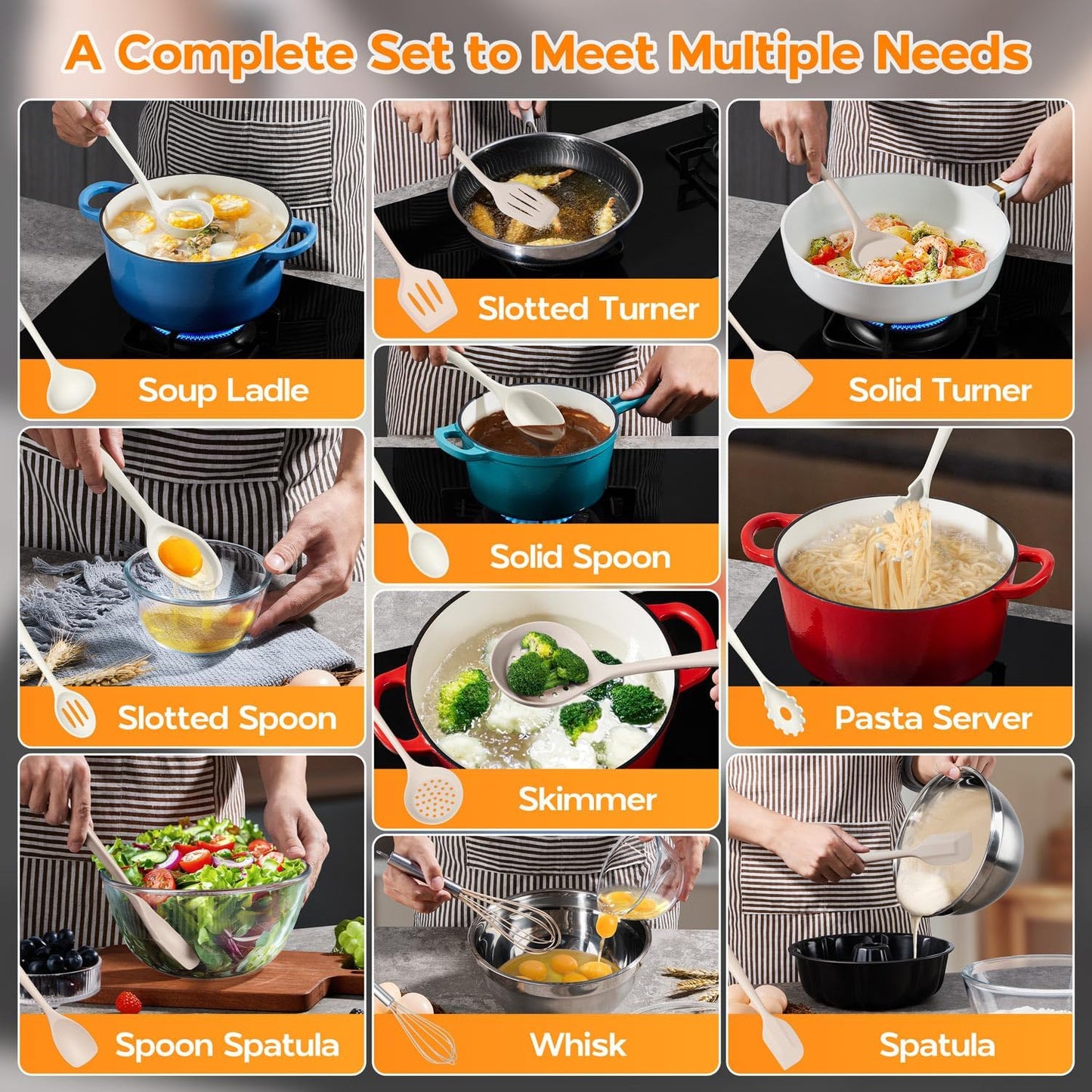 Onader Silicone Cooking Utensils Set of 10, Kitchen Utensils for Nonstick Cookware, Heat Resistant & Nontoxic Spatula Set- Khaki
