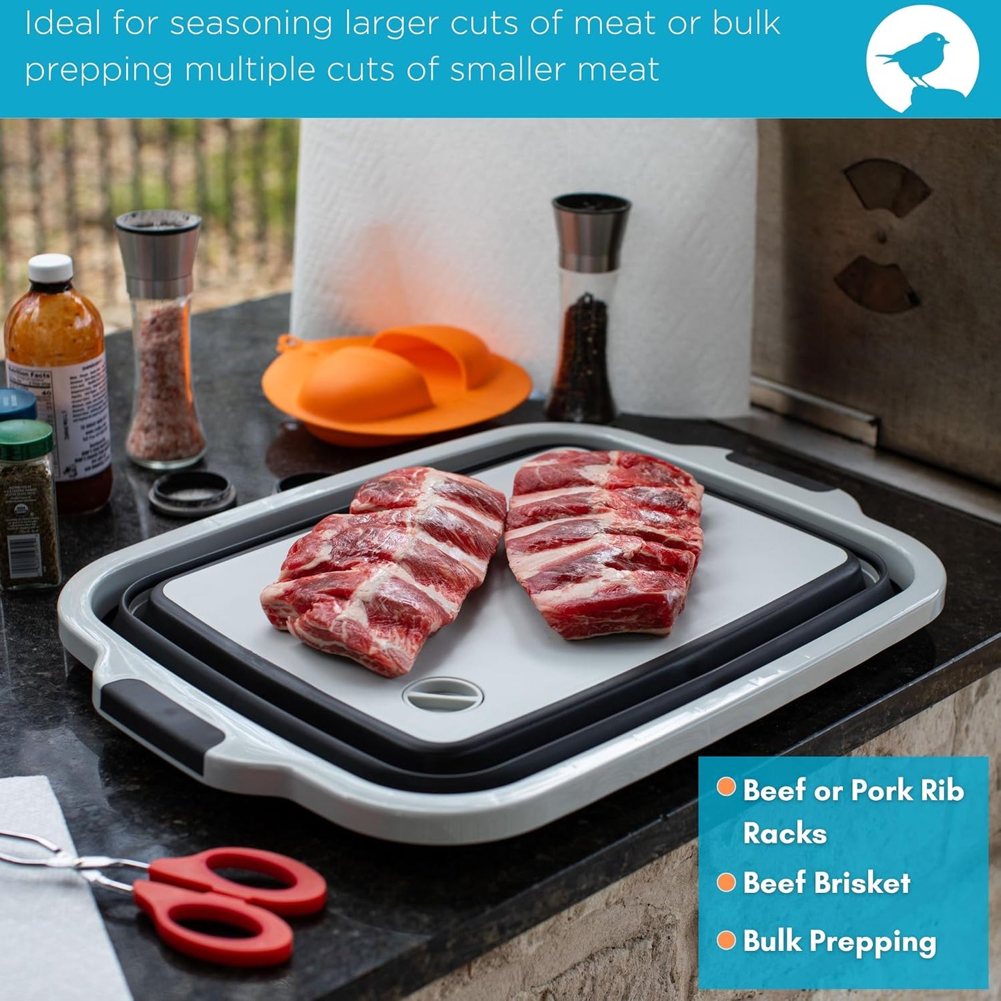 BIRDROCK HOME Collapsible Large BBQ Prep Tub w/Cutting Board, Multi-Function Grill Caddy w/Colander & Lid, Portable Silicone Dish Bowl for Picnic, Tailgate, Camping - Black