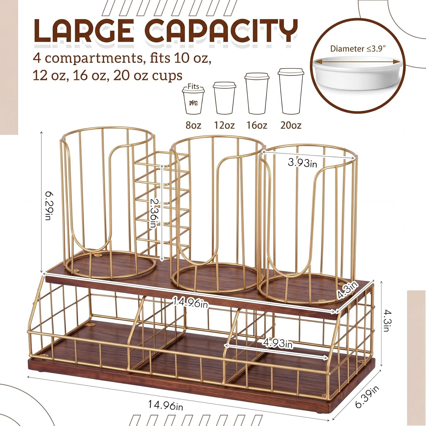 Geelin 18oz Adjustable Coffee Cup Dispenser with Wooden Base, Cup and Lid Holder, Cups Holder Organizer for Coffee Pod Straw and Lid Storage(2-compartment Single,Color 2)