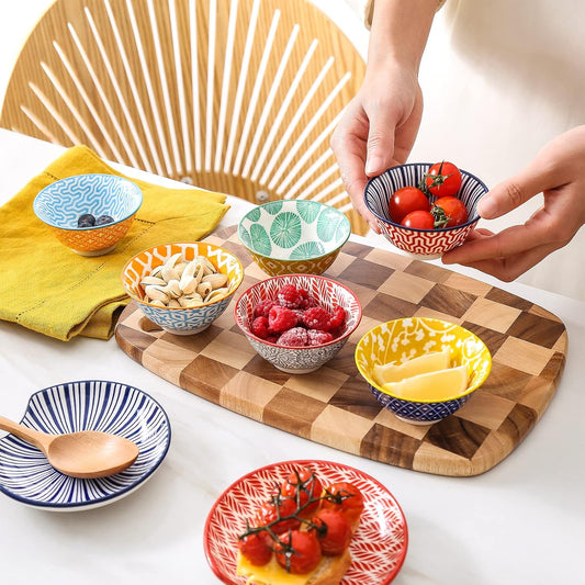 KitchenTour 2.7 Oz Soy Sauce Dishes Dipping Bowls Set, Porcelain Pinch bowls Mini Bowls for Seasoning, Sushi, Ketchup, Appetizer, Nuts, Set of 6, Assorted Warm Colors