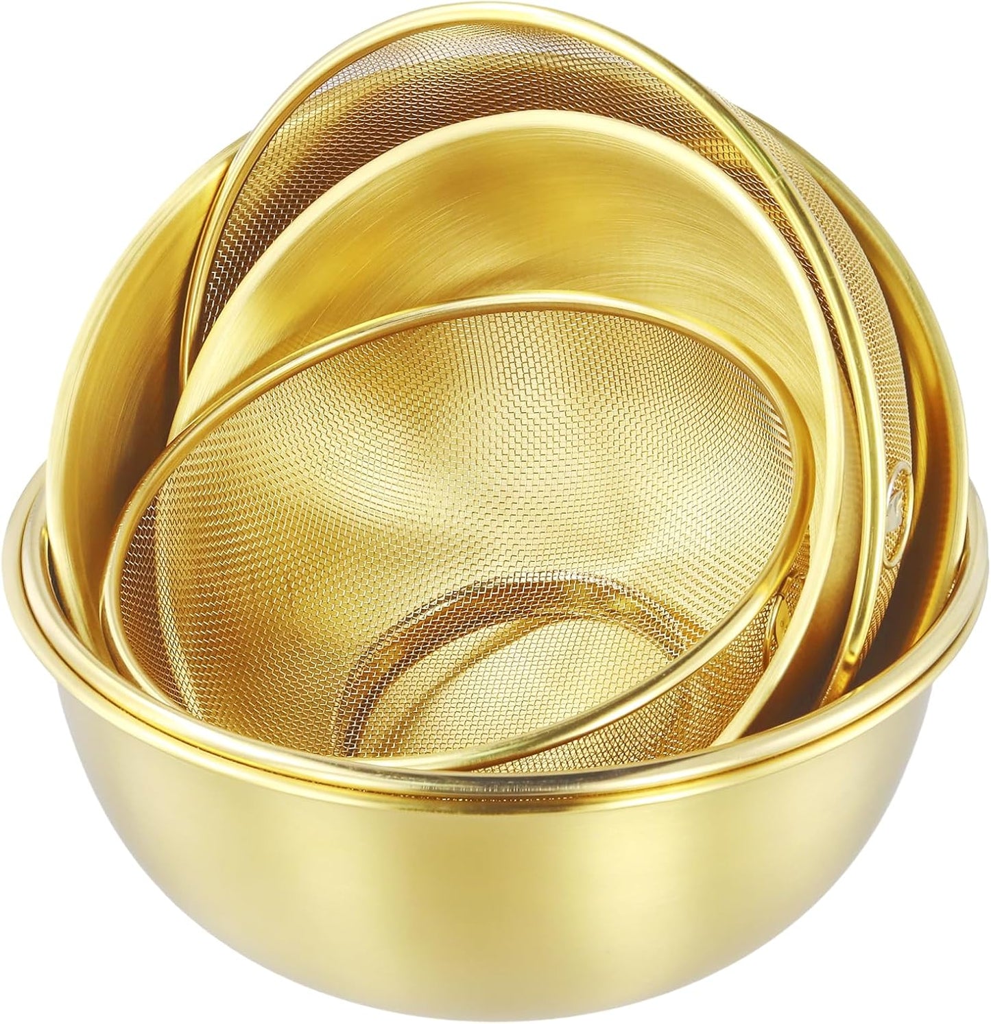 6 PCS Gold Stainless Steel Colander Set, 1.2Qt 2Qt and 3Qt Capacity Rice Washing Strainers with Metal Mixing Bowls Basin for Pasta Straining, Fruit Washing, Vegetable Draining