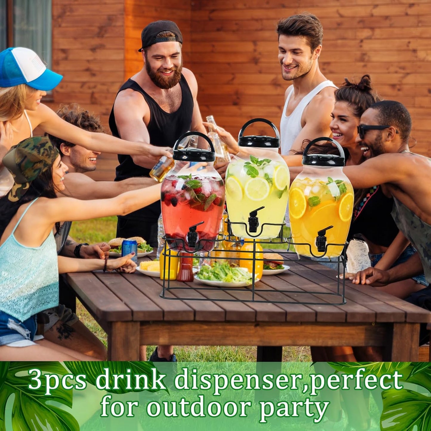 Tanlade 3 Pcs Plastic Drink Dispenser with Spigot and Metal Stand 1.2 Gallon Beverage Dispenser for Parties Juice Dispensers Lemonade Jar with Lids for Cold Drink Tea Water Container