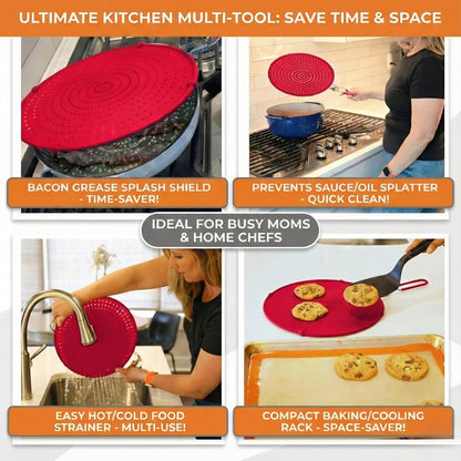 Silicone Splatter Screen for Frying Pan, 13” Navy – Grease & Oil Splatter Guard, Heat Resistant, Dishwasher Safe, Foldable Handle with Sleeves – Splash Guard Fits 10–12” Pans, Most 13” Skillets