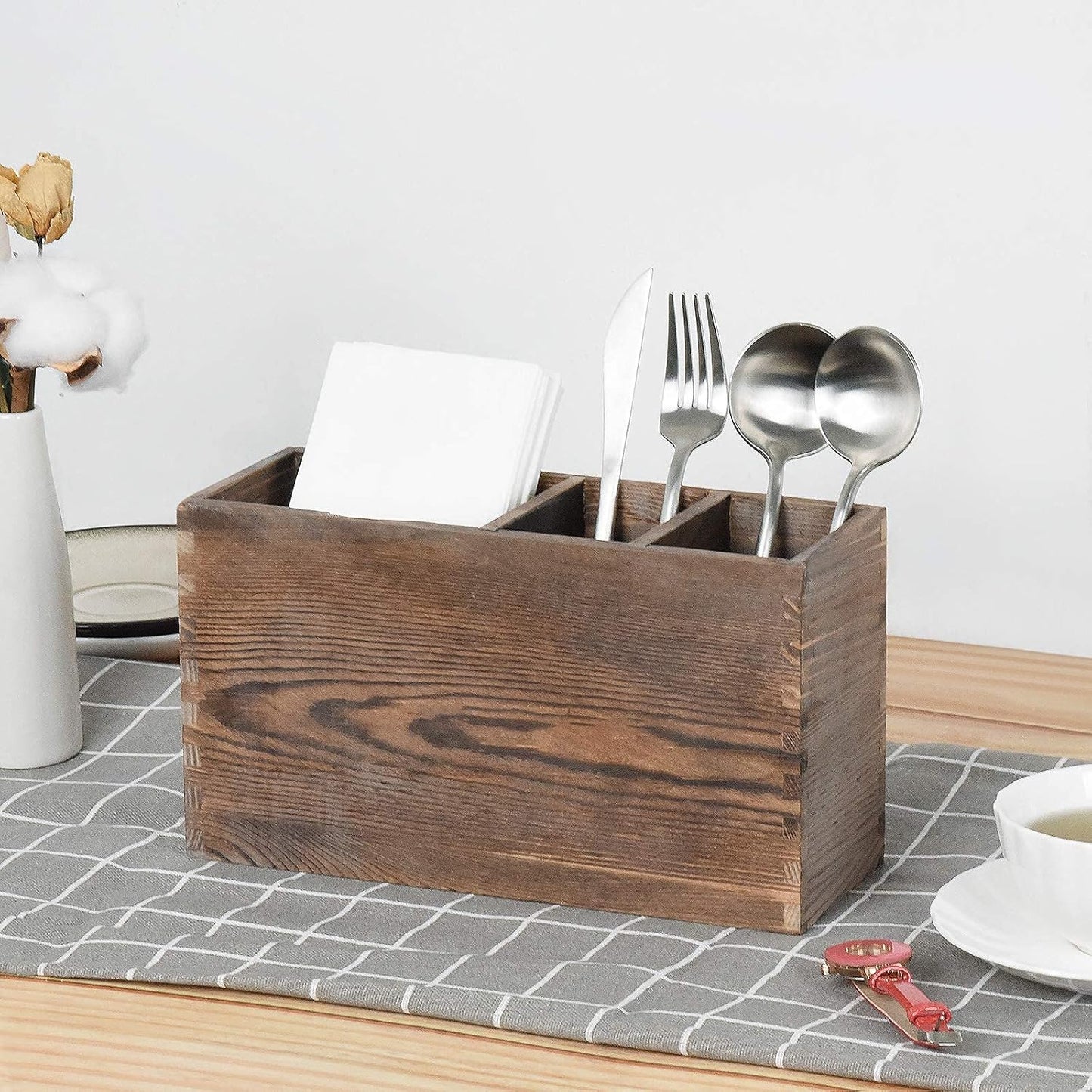WuGeShop Wood Cutlery Caddy, Kitchen Utensil Organizer with 4 Compartments, Silverware Storage Kitchen Countertop Flatware Organizer