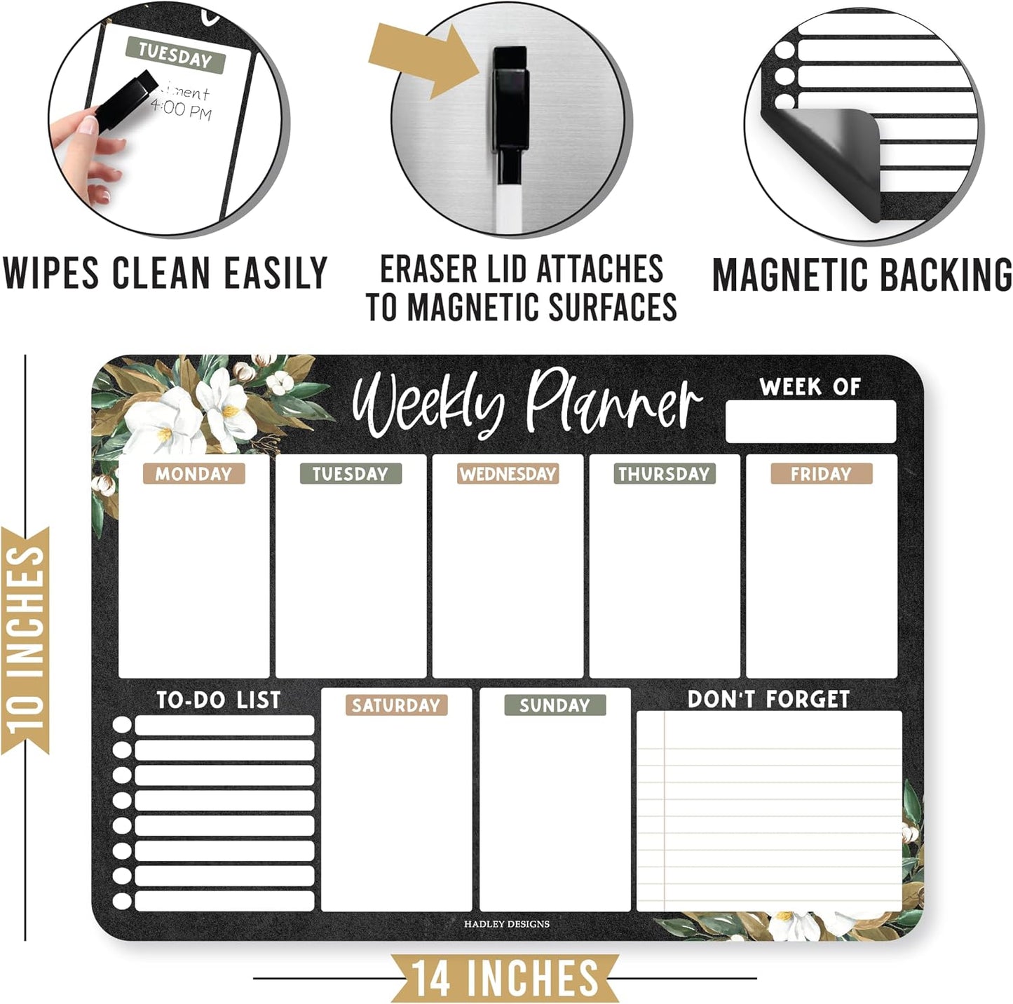 Hadley Designs Weekly Magnetic Calendar for Refrigerator - Dry Erase Board for Fridge, Magnetic Weekly Planner for Kitchen, Reusable Schedule Organizer (Magnolia)