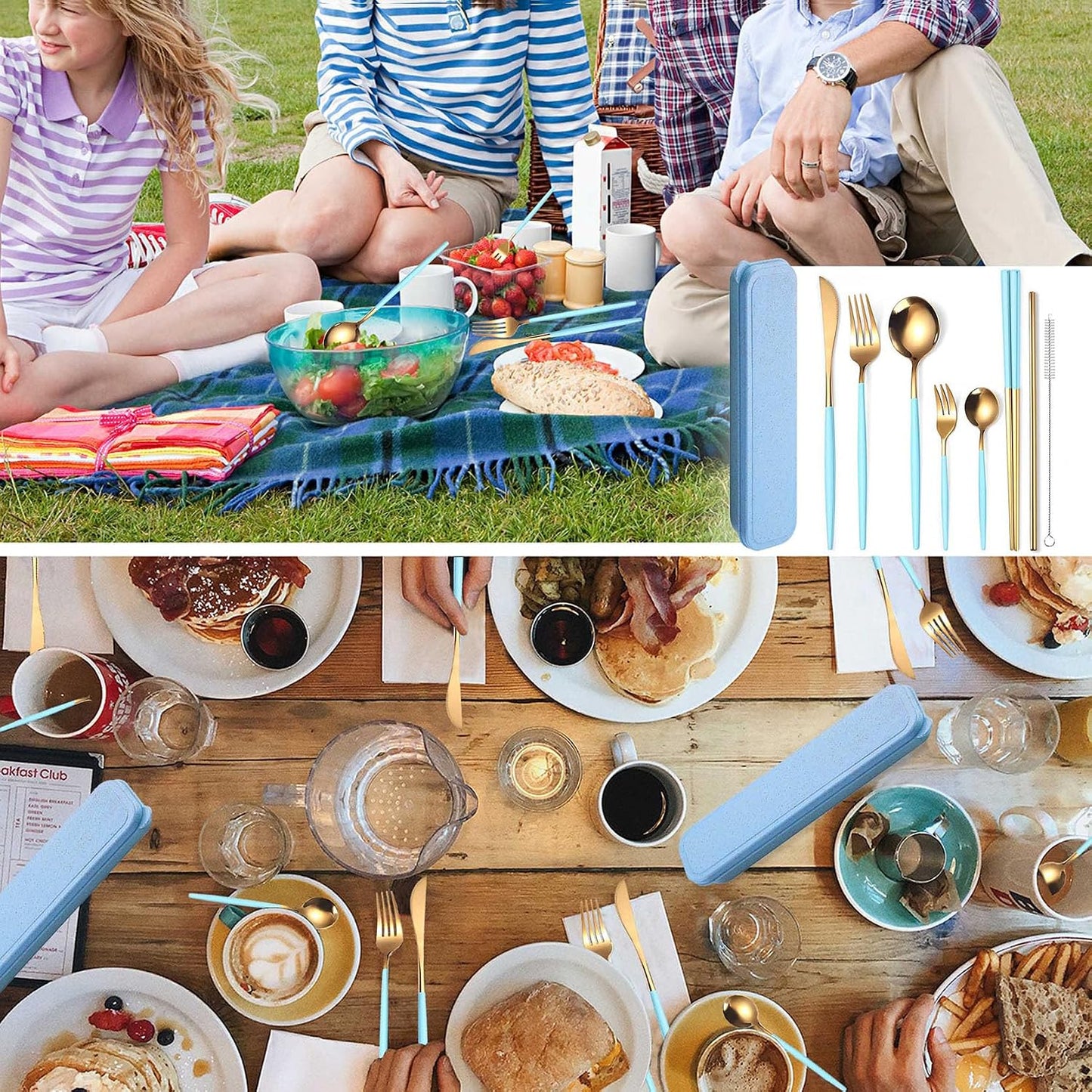 AARAINBOW 8 Pieces Stainless Steel Flatware Set Portable Reusable Cutlery Set Travel Utensils Set Including Chopsticks Knife Fork Spoon Straws Cleaning Brush Dishwasher Safe (Pink Golden)
