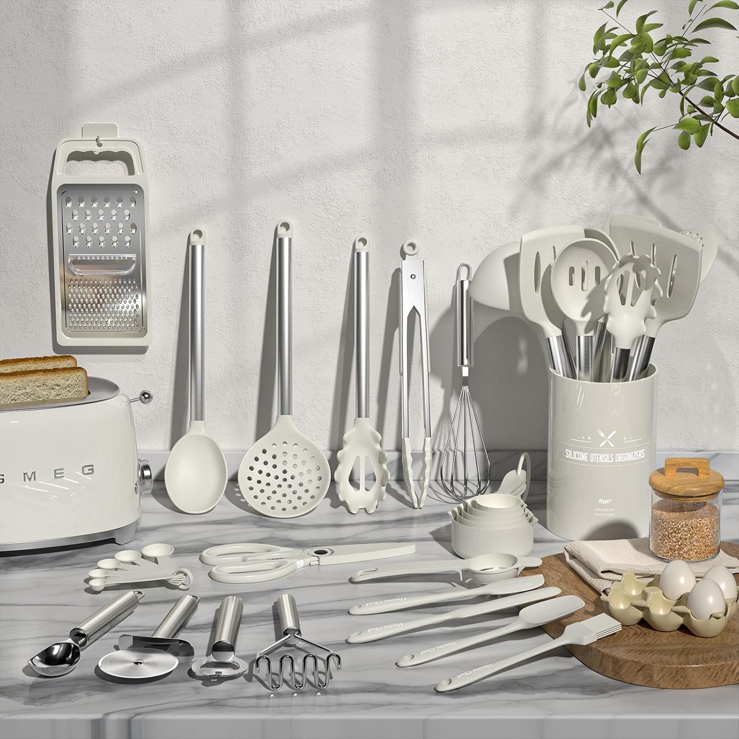Kitchen Utensils Set- Umite Chef 34 PCs Cooking Utensils with Grater, Spoon Spatula, Heat Resistant Food Grade Silicone, Stainless Steel Handles Kitchen Gadgets Tools Set for Nonstick Cookware(Red)