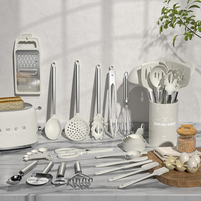 Kitchen Utensils Set- Umite Chef 34 PCs Cooking Utensils with Grater, Spoon Spatula, Heat Resistant Food Grade Silicone, Stainless Steel Handles Kitchen Gadgets Tools Set for Nonstick Cookware(Red)