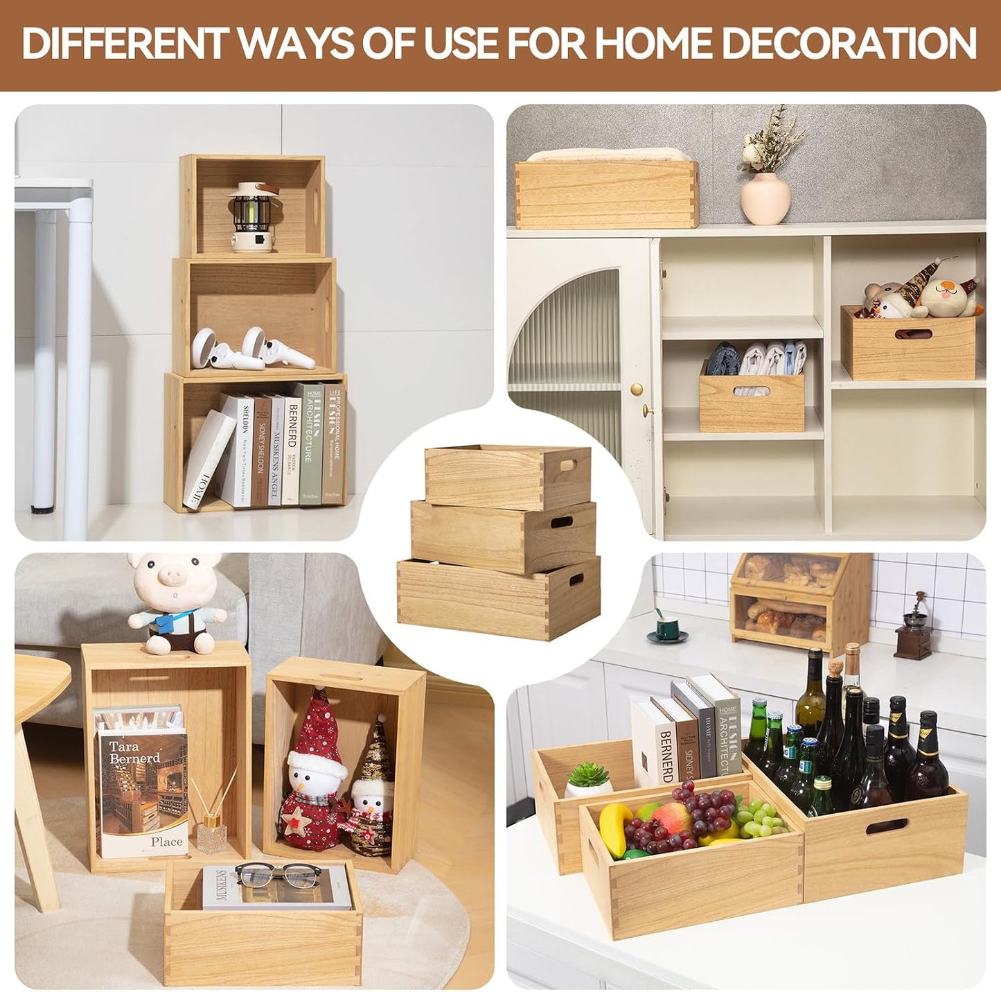 KIRIGEN Nesting Wood Crates with Handles, Set of 3 Decorative Storage Boxes, Farmhouse Shelf Bins for Pantry, Bathroom, Craft Room, Towels, Books, 15.75 x 11.8 x 5.9 in, Natural 3TH-NA