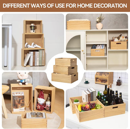 KIRIGEN Nesting Wood Crates with Handles, Set of 3 Storage Boxes Natural | 3 Different Size Decorative Box Organizer for Towels, Books, Crafts Fully Assembled