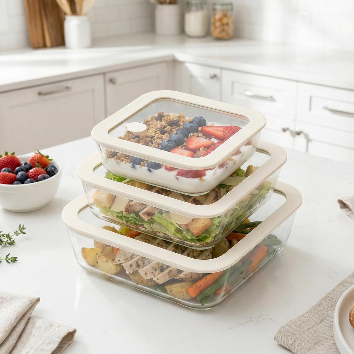 Urban Green Glass Food Container Set with Glass Lid, 3 Pack, Food Storage Containers Set, Airtight, LeakProof, 100% Plastic Free, Meal Prep Containers (White Color)