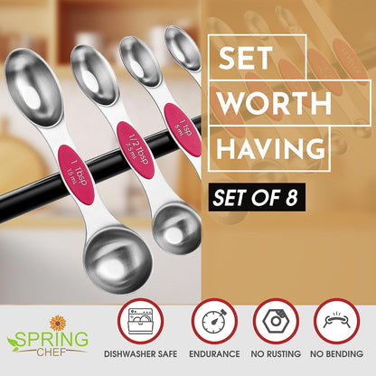 Spring Chef Stainless Steel Magnetic Measuring Spoons Set with Strong N45 Magnets, Heavy Duty Metal Kitchen Gadgets for Baking & Cooking, Fits in Most Kitchen Spice Jars, Set of 8 with Leveler, Black