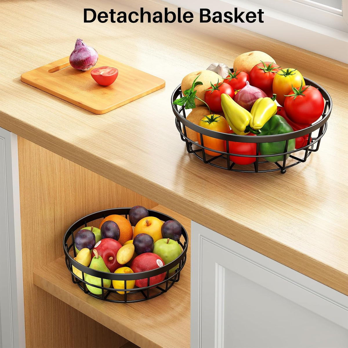 SAYZH 2-Tier Fruit Basket Bowl Vegetable Storage with 2 Banana Tree Hanger and Wood Lift Handle, Kitchen Countertop Metal Wire Basket for Bread Onions Potatoes (Black, 2 Tier)