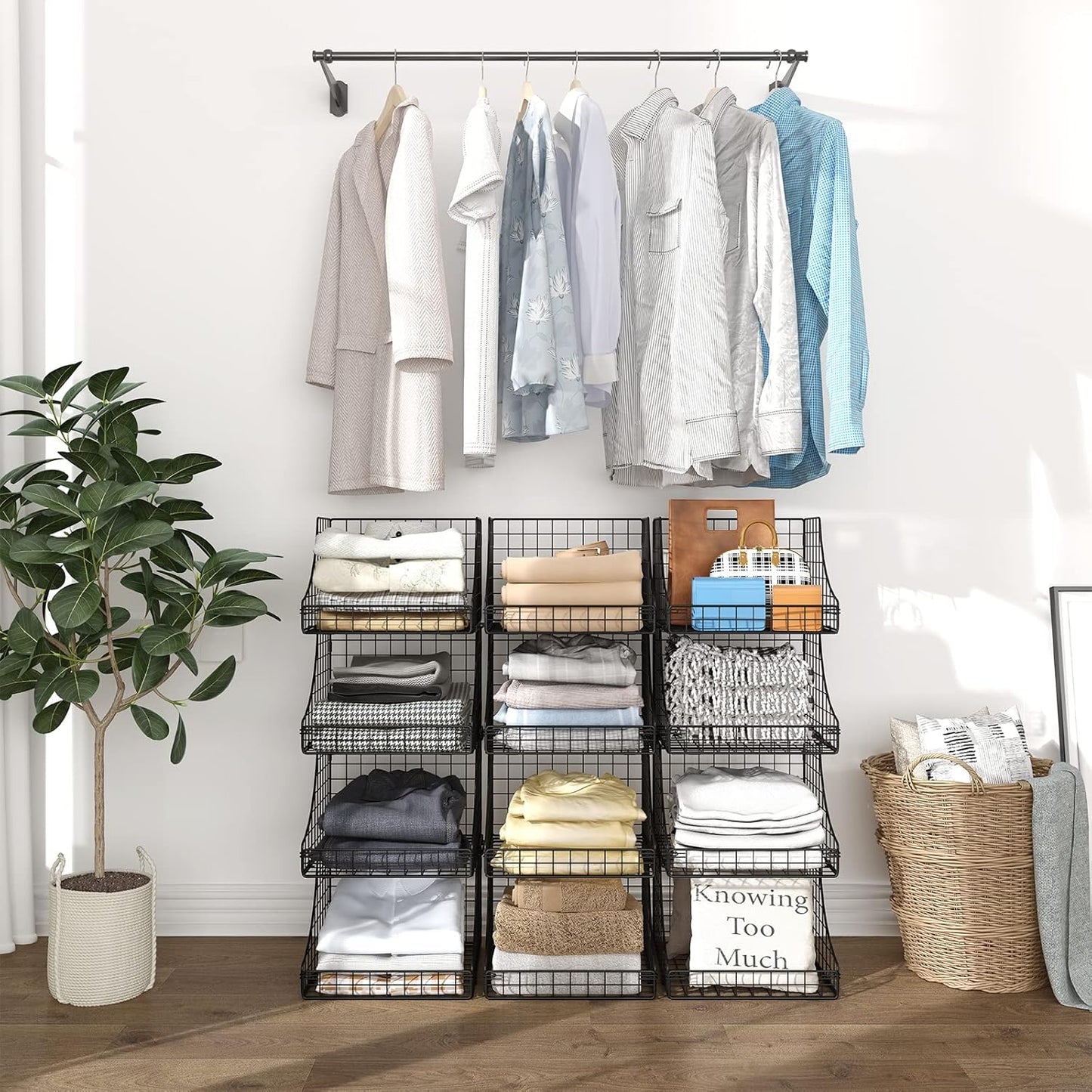 Lyuwanxian 4-Pack Stackable Wire Baskets for Closet Organizers and Storage, Open Storage Bins for Clothes, Toys, and Snacks - Rustic Metal Closet Organizer and Shelves in Black
