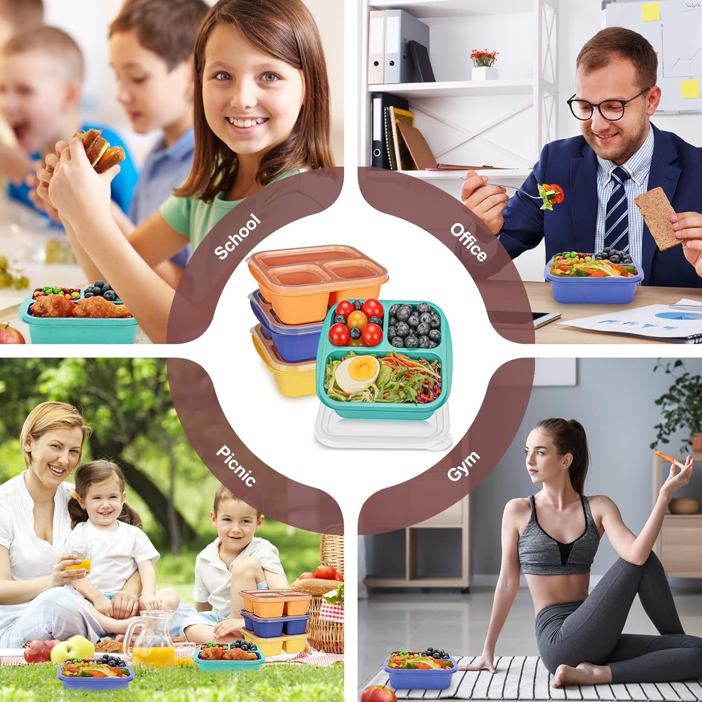 Bento Box For Kids, 4 Pack 3 Compartments Lunchable Meal Prep Containers Lunch Containers, Reusable Snack Containers with Lids, Snack Boxes for School, Work, and Travel