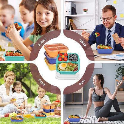 Bento Box For Kids, 4 Pack 3 Compartments Lunchable Meal Prep Containers Lunch Containers, Reusable Snack Containers with Lids, Snack Boxes for School, Work, and Travel