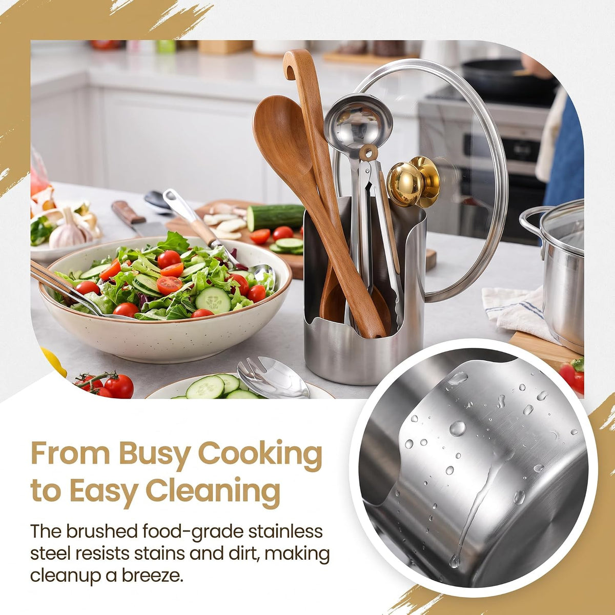 2 In 1 Multi-functional Kitchen Utensil Holder, Heavy Duty Stainless Steel Pot Lid & Spoon Rack Space-Saving Vertical Stand for Spatulas, Tongs, Ladles, Countertop Organizer，1 Psc