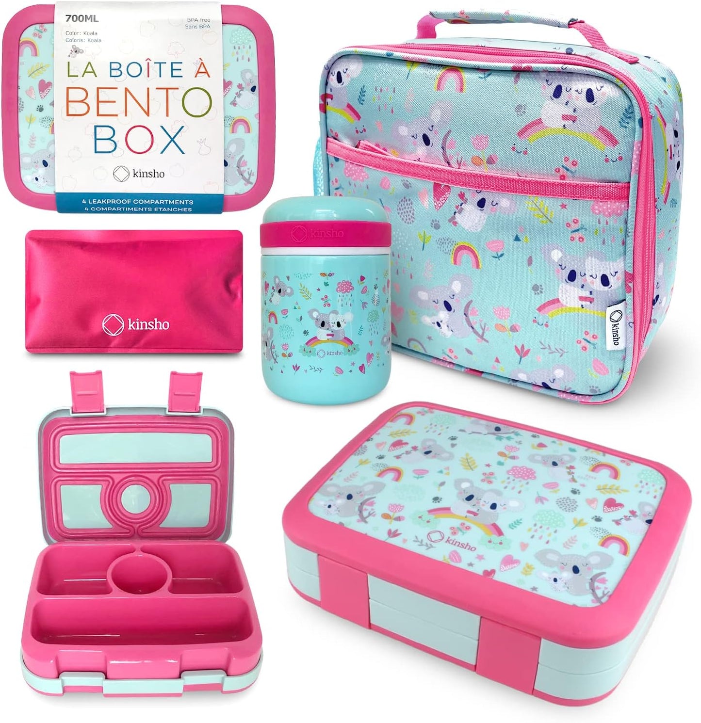 Bento Box with Stainless Steel Thermo, Insulated Lunch Bag, Ice Pack Set for Kids - 5 Compartments, Lunches or Snack Container for Girls, Toddlers Daycare Pre-School, Kindergarten Purple Unicorn